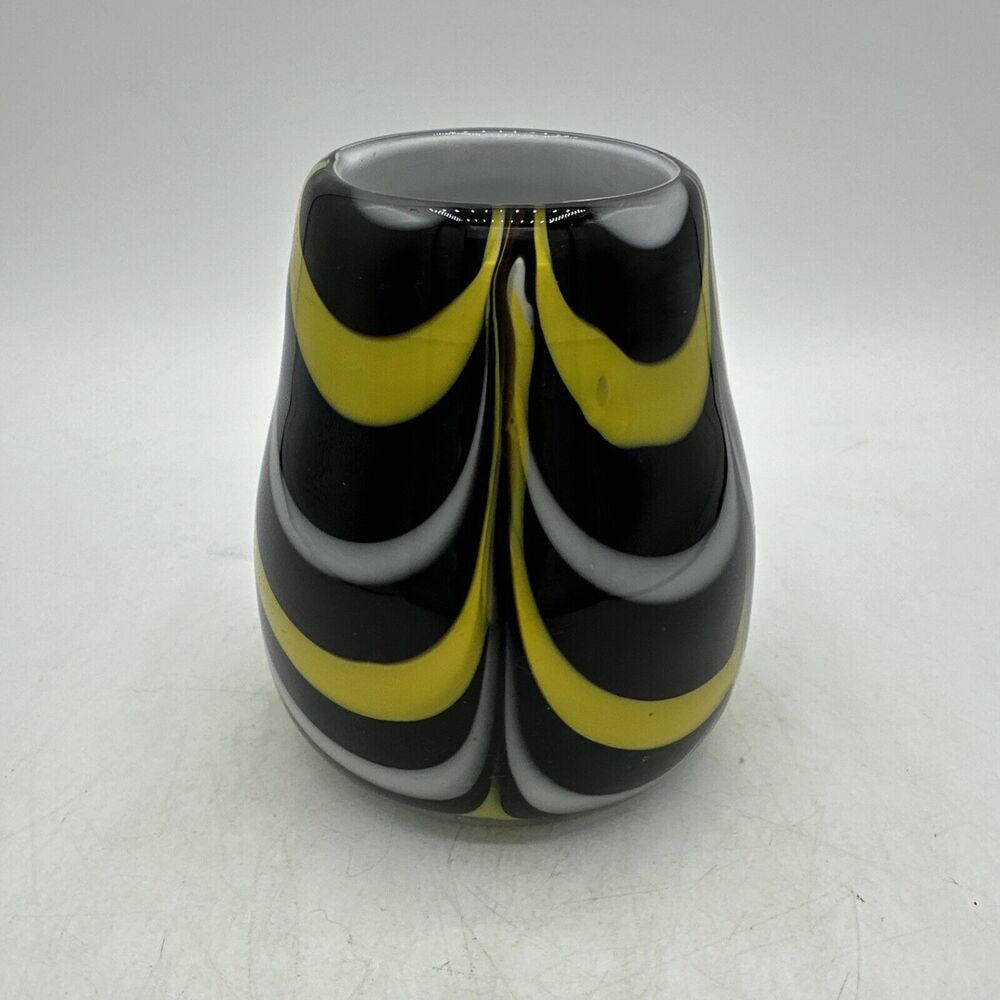 Vase Glass Hand Blown Black White Yellow Small 4.5” Candle Holder